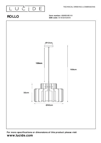 Lucide ROLLO - Pendelleuchten - 1xE27 - Taupe - technisch